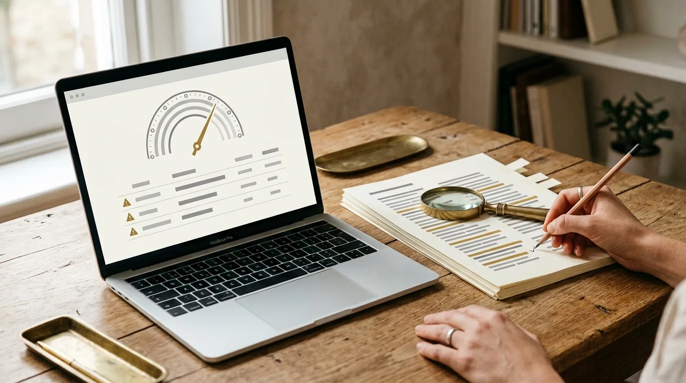 Dizüstü bilgisayarda site sağlık göstergesi ve basılı SEO audit raporu üzerinde büyüteç