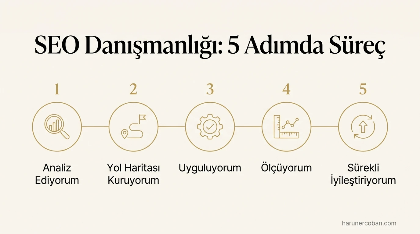 SEO danışmanlığı 5 adımda süreç: analiz, yol haritası, uygulama, ölçüm ve sürekli iyileştirme