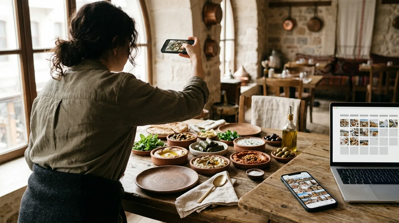 Restoranda meze sofrasını telefonla fotoğraflayan sosyal medya yöneticisi ve içerik takvimi