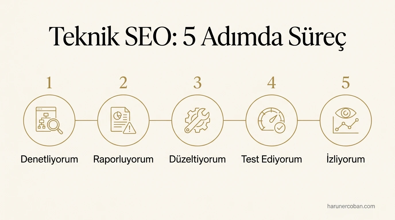 Teknik SEO 5 adımda süreç: denetim, raporlama, düzeltme, test ve izleme