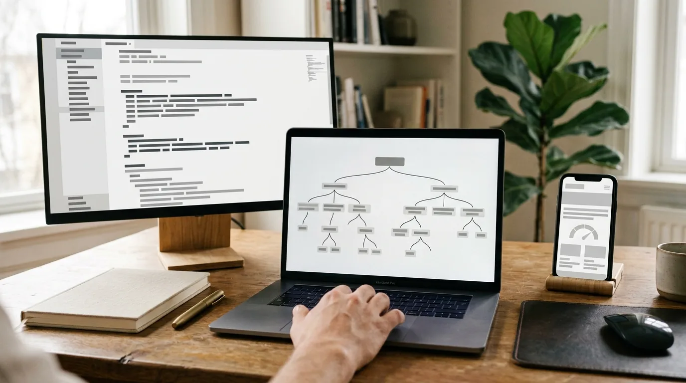 Site yapısı ağacı, kod ekranı ve mobil hız testiyle teknik SEO çalışması yapılan masa