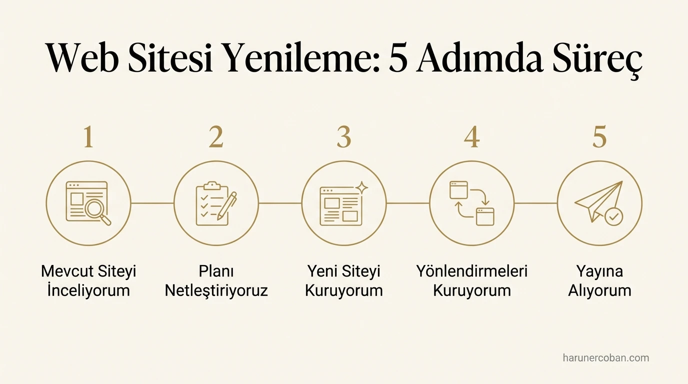 Web sitesi yenileme 5 adımda süreç: mevcut site incelemesi, plan, yeni site, yönlendirmeler ve yayın