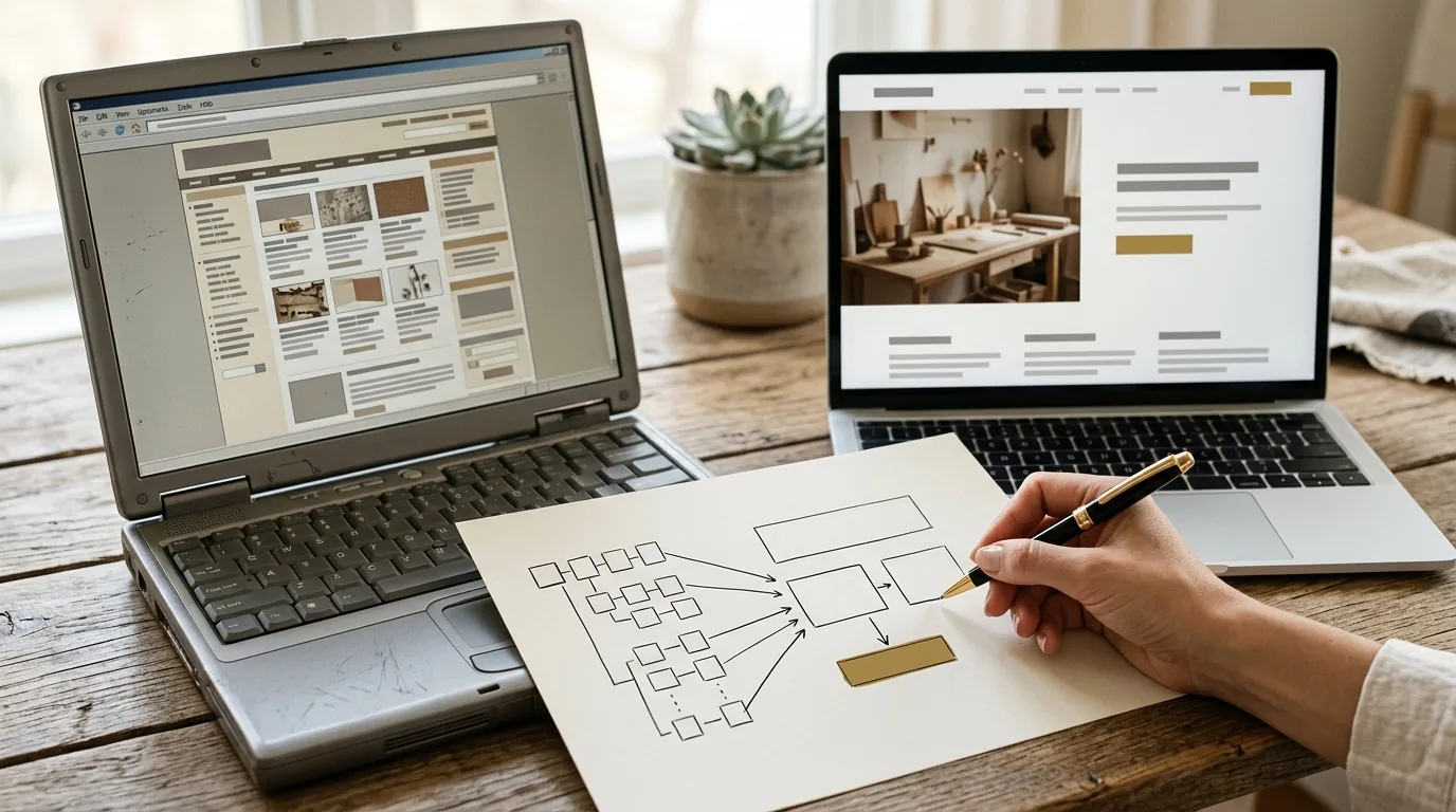 Eski ve yeni web sitesinin yan yana durduğu, yönlendirme haritası çizilen web sitesi yenileme çalışması