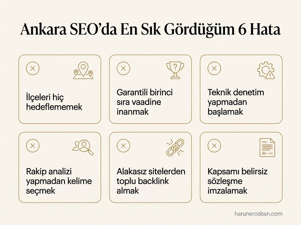 Ankara SEO projelerinde en sık görülen 6 hata: ilçeleri hedeflememek, garantili sıra vaadi, teknik denetimsiz başlamak