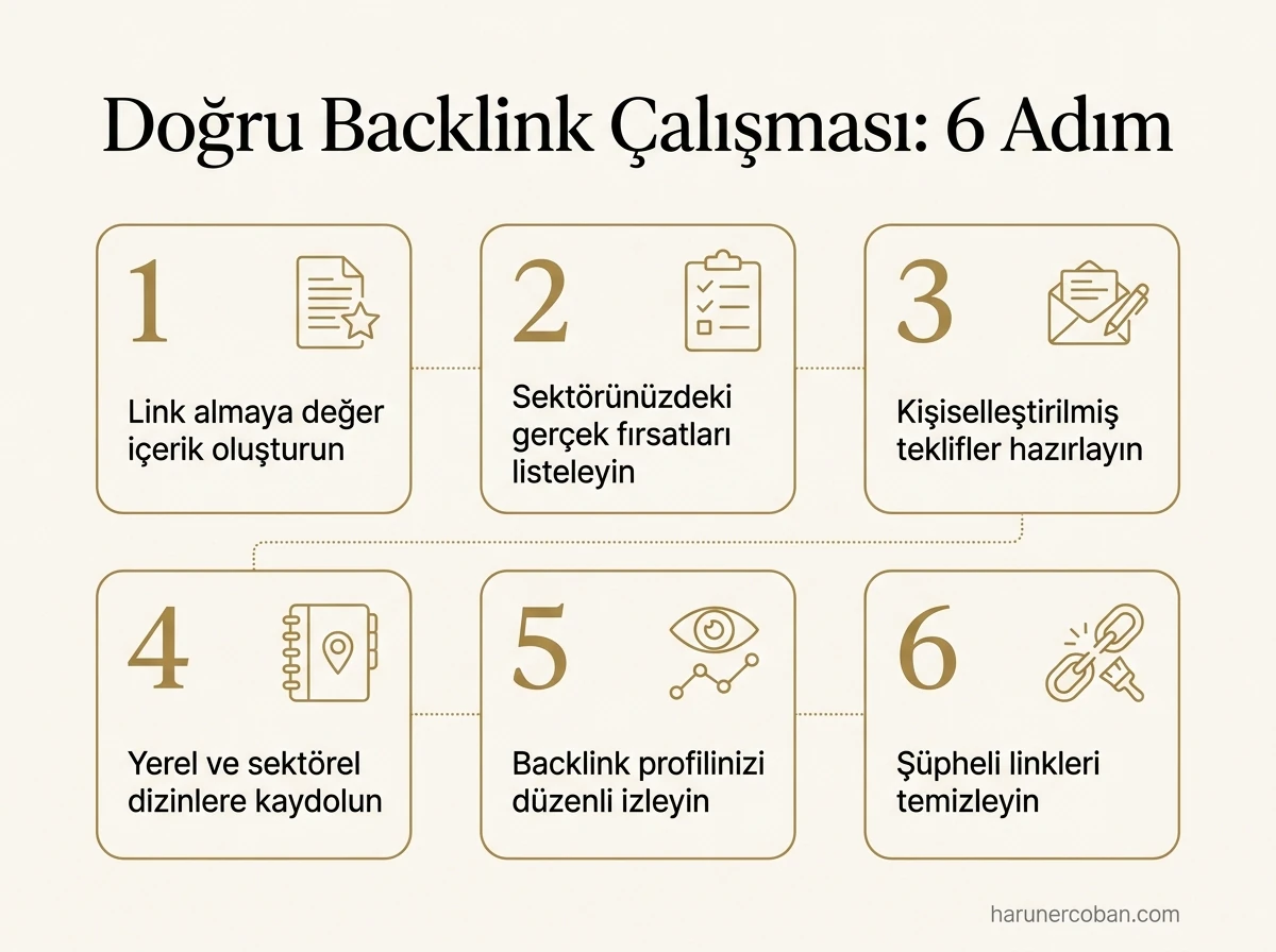 Doğru backlink çalışmasının 6 adımı: değerli içerik, gerçek fırsatlar, kişisel teklifler, dizin kayıtları, izleme, temizlik