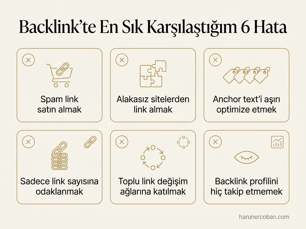 Backlink çalışmasında en sık karşılaşılan 6 hata: spam link satın almak, alakasız siteler, aşırı optimize anchor text