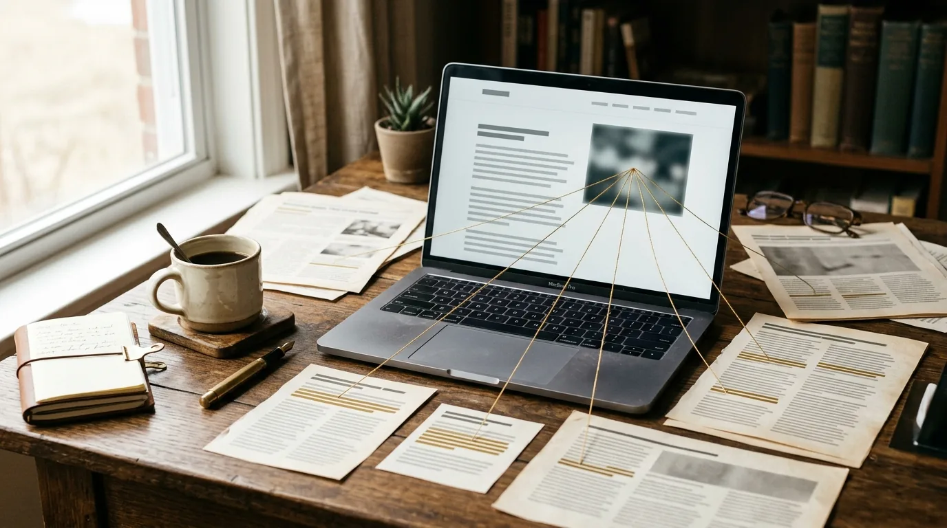 Farklı sitelerdeki makalelerin altın iplerle tek bir blog yazısına bağlandığı çalışma masası – backlink kavramı
