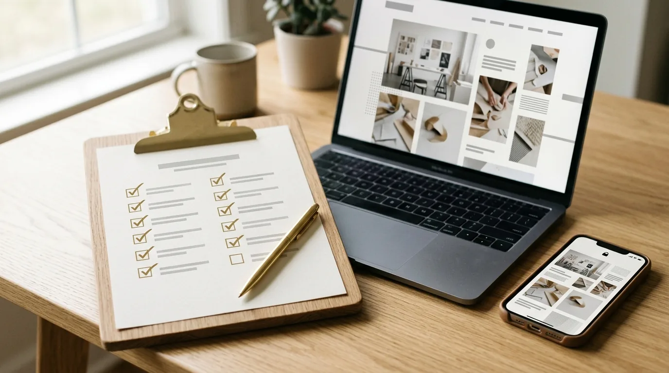 Altın kalemle işaretlenmiş web sitesi yayın kontrol listesi, yanında dizüstü bilgisayar ve telefon
