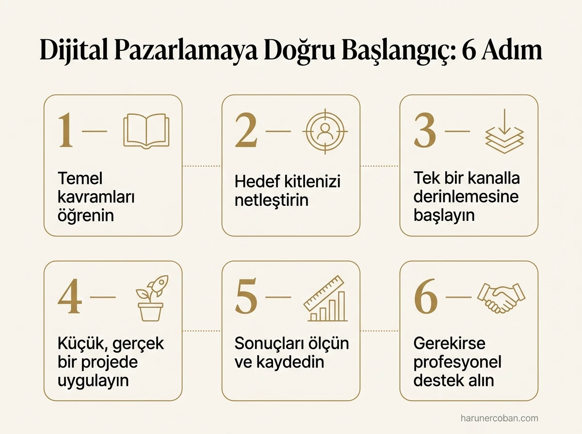 Dijital pazarlamaya doğru başlangıç için 6 adım: temel kavramlar, hedef kitle, tek kanal, gerçek proje, ölçüm ve destek