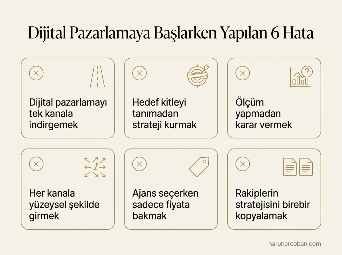 Dijital pazarlamaya başlarken yapılan 6 hata: tek kanala indirgemek, hedef kitlesiz strateji, ölçümsüz karar