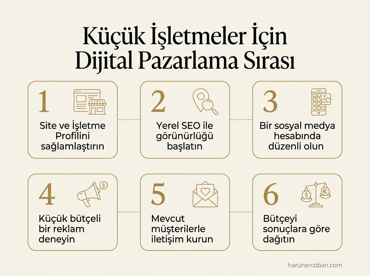 Küçük işletmeler için dijital pazarlama sırası: site ve profil, yerel SEO, sosyal medya, küçük reklam, müşteri iletişimi, bütçe