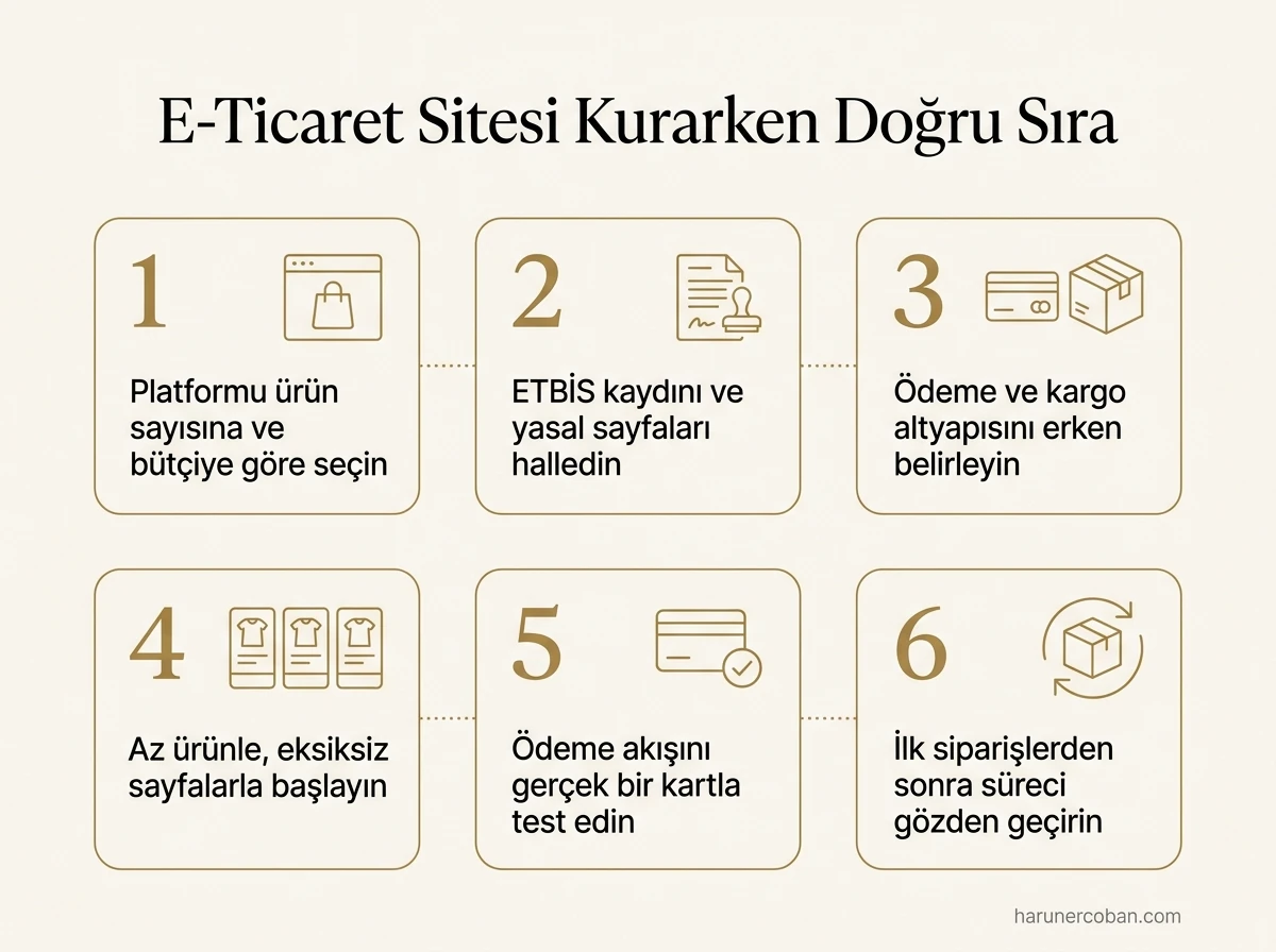 E-ticaret sitesi kurarken doğru sıra: platform, ETBİS ve yasal sayfalar, ödeme ve kargo, ürün sayfaları, test, gözden geçirme
