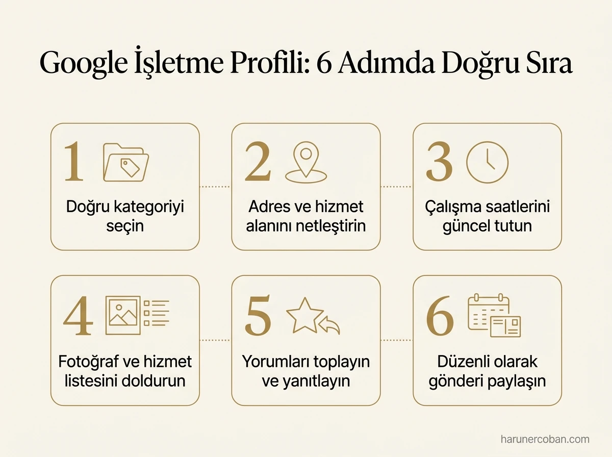Google İşletme Profili için 6 adım: kategori, adres ve hizmet alanı, çalışma saatleri, fotoğraf, yorumlar, gönderiler