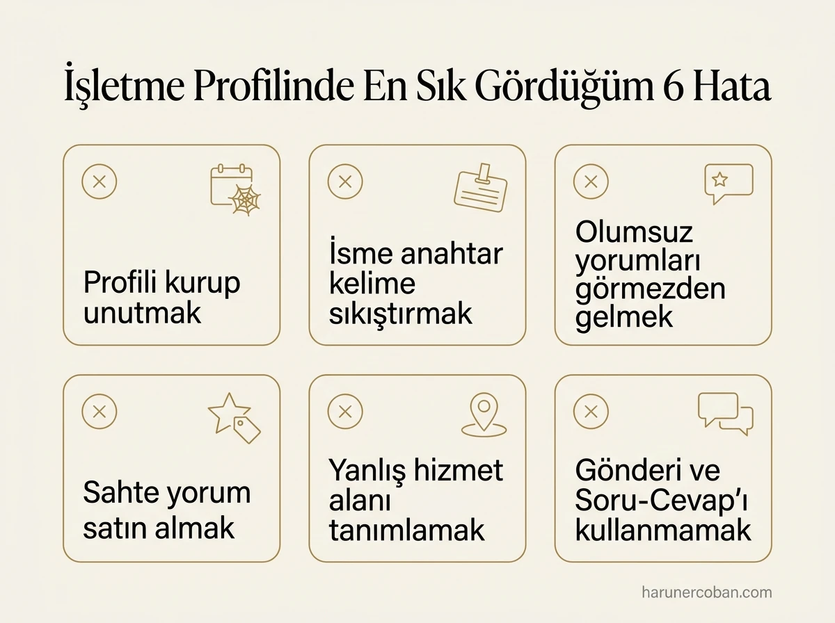 Google İşletme Profilinde en sık görülen 6 hata: profili unutmak, isme anahtar kelime eklemek, sahte yorum