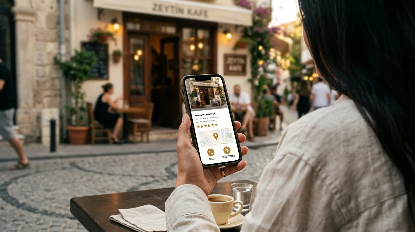 Kafe önünde telefonda fotoğraf, yıldız puanı ve harita içeren işletme profili kartı – Google İşletme Profili