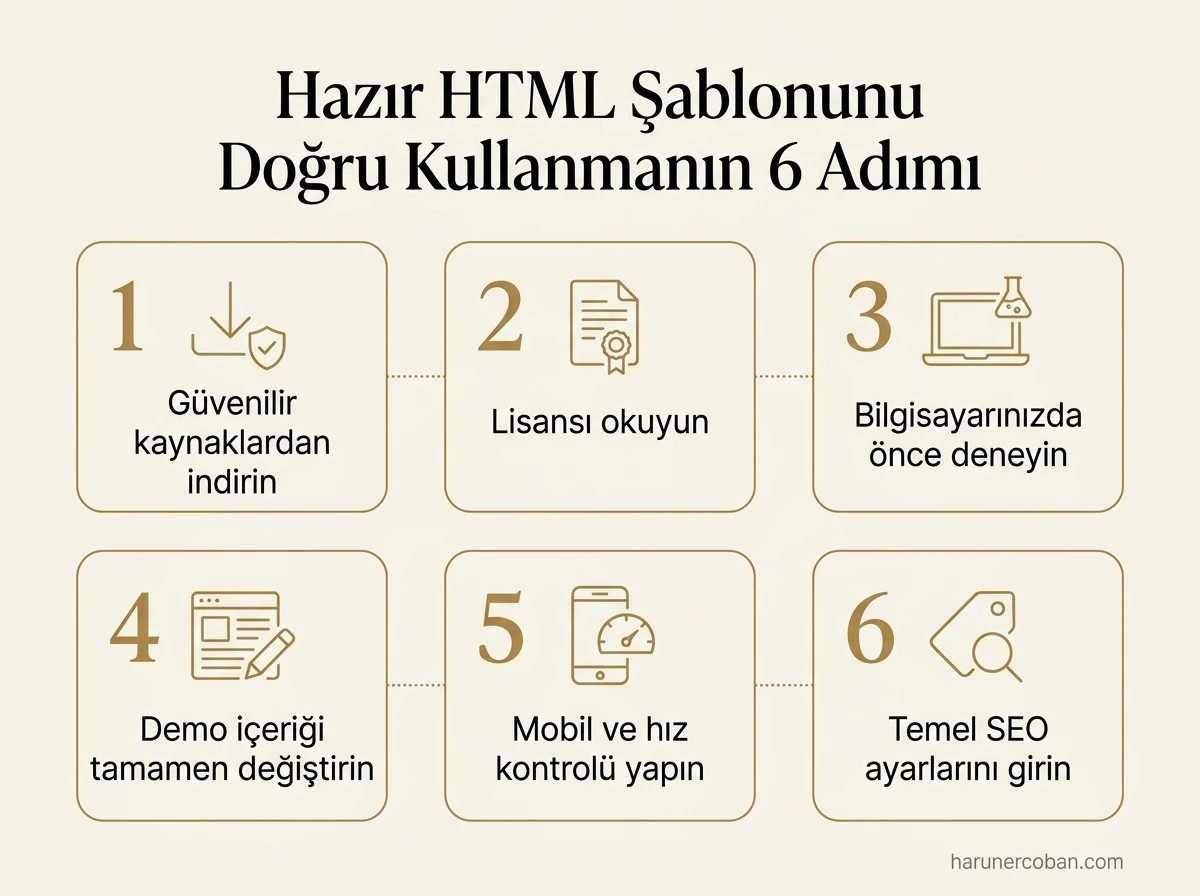 Hazır HTML şablonunu doğru kullanmanın 6 adımı: güvenilir kaynak, lisans, önce deneme, demo içerik, mobil ve hız, SEO