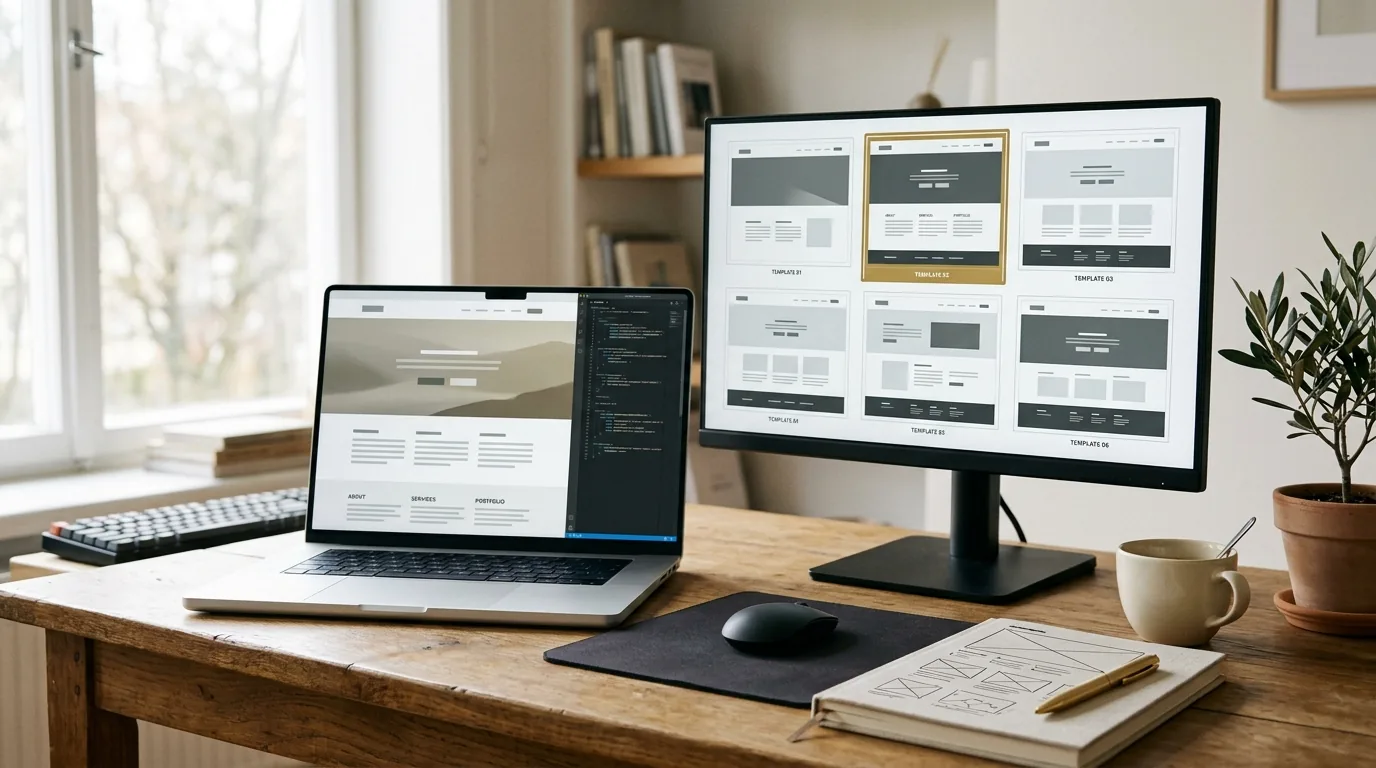 Dizüstü bilgisayarda hazır HTML site şablonu ve ekranda seçilecek şablon galerisi