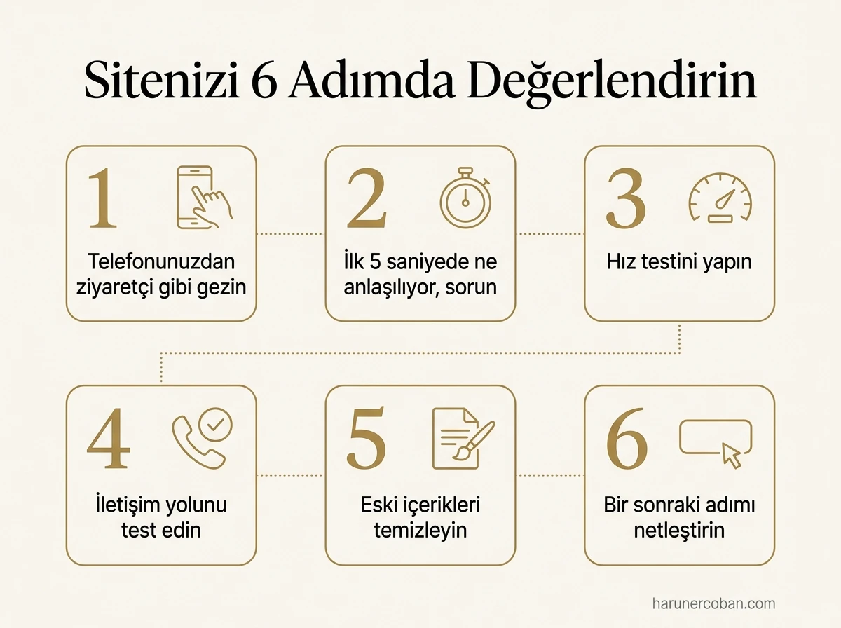 Web sitenizi 6 adımda değerlendirin: telefondan gezin, ilk 5 saniye, hız testi, iletişim yolu, eski içerik, sonraki adım