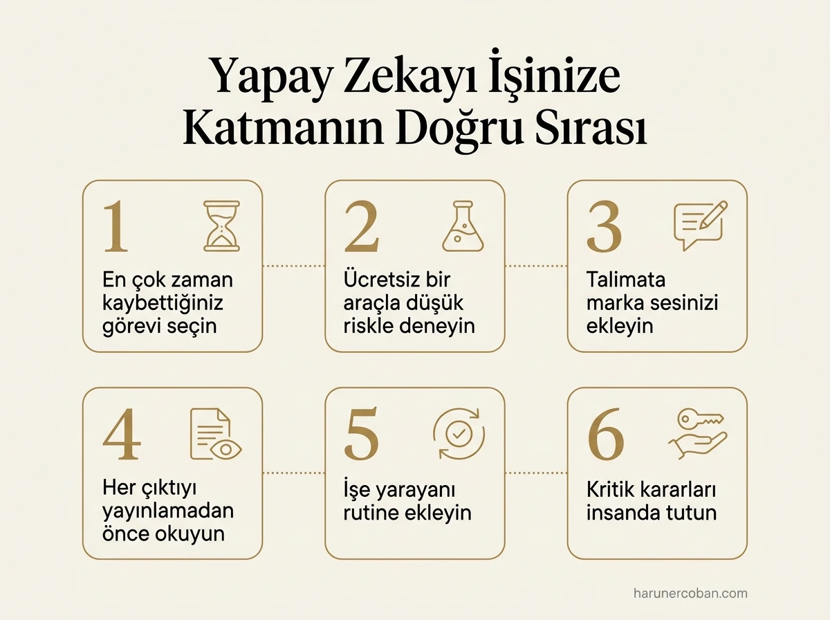 Yapay zekayı işinize katmanın doğru sırası: görev seçimi, düşük riskli deneme, marka sesi, kontrol, rutin, insan kararı