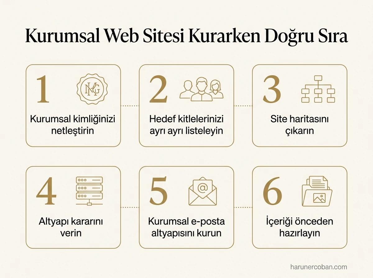 Kurumsal web sitesi kurarken doğru sıra: kurumsal kimlik, hedef kitleler, site haritası, altyapı, kurumsal e-posta, içerik