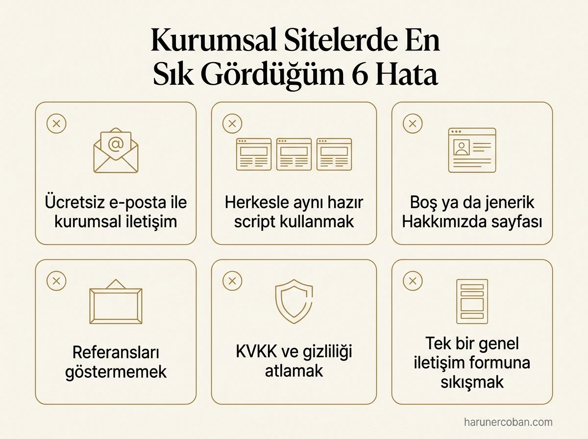 Kurumsal web sitelerinde en sık görülen 6 hata: ücretsiz e-posta, herkesle aynı script, boş Hakkımızda sayfası