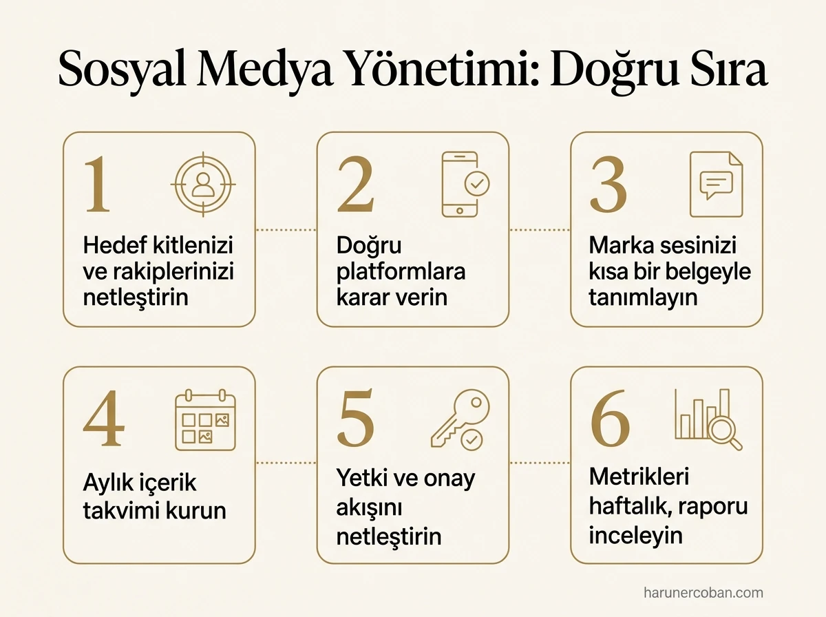 Sosyal medya yönetiminde doğru sıra: hedef kitle, platform, marka sesi, içerik takvimi, yetki ve onay, metrikler