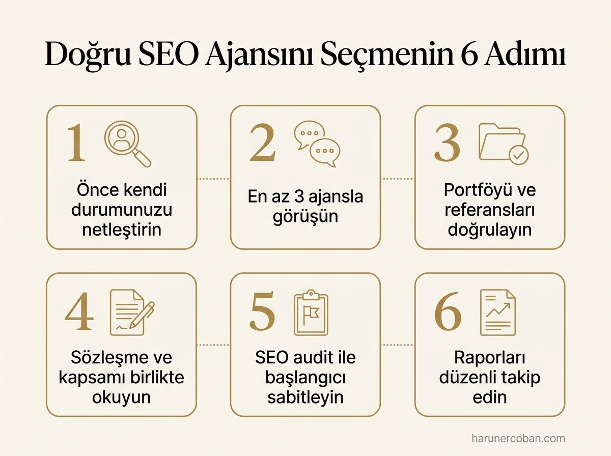 Doğru SEO ajansını seçmenin 6 adımı: durum tespiti, en az 3 ajans, referans kontrolü, sözleşme, SEO audit, rapor takibi