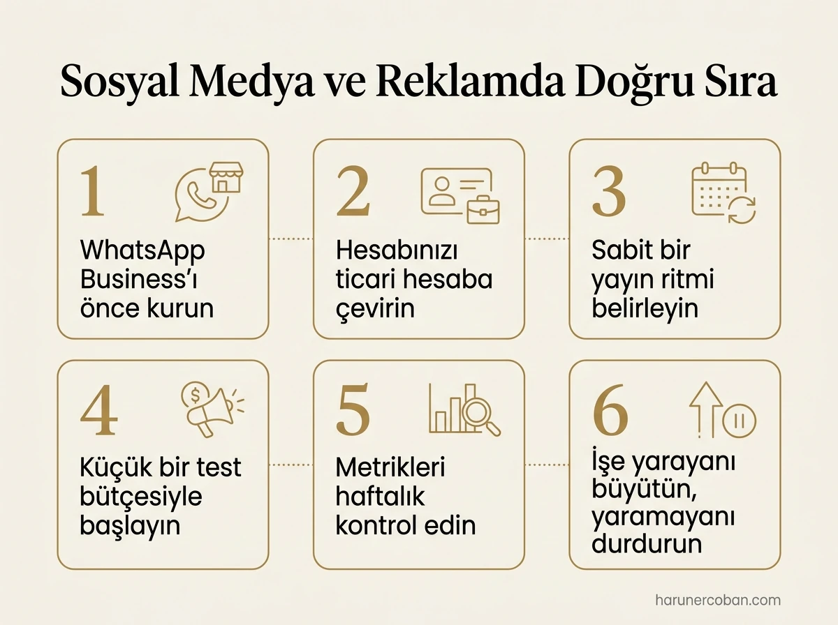 Sosyal medya ve reklamda doğru sıra: WhatsApp Business, ticari hesap, yayın ritmi, test bütçesi, haftalık metrik, optimizasyon