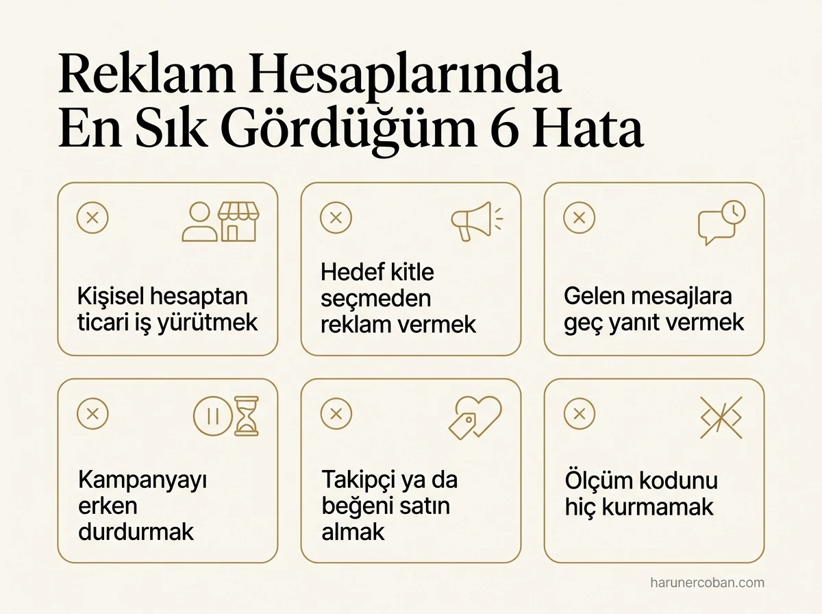 Reklam hesaplarında en sık görülen 6 hata: kişisel hesap, hedef kitlesiz reklam, geç yanıt, ölçüm kodu eksikliği