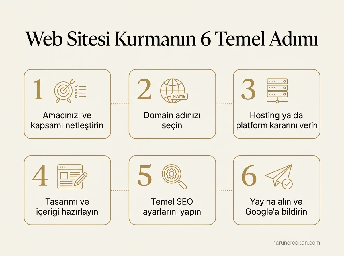 Web sitesi kurmanın 6 temel adımı: amaç, domain, hosting, tasarım ve içerik, SEO ayarları, yayın ve Google'a bildirim