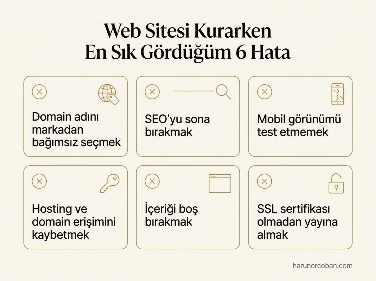 Web sitesi kurarken en sık görülen 6 hata: markadan bağımsız domain, SEO'yu sona bırakmak, SSL'siz yayın