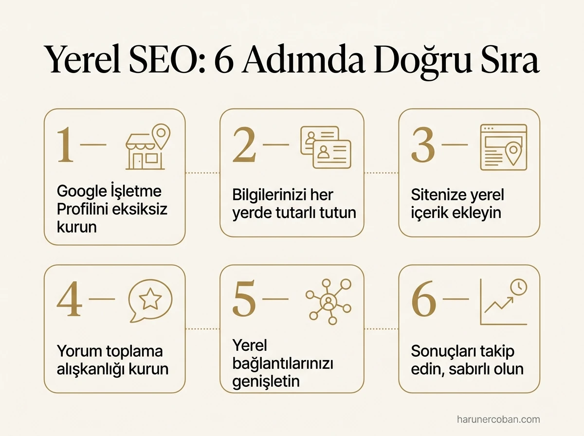 Yerel SEO için 6 adımda doğru sıra: Google İşletme Profili, tutarlı bilgiler, yerel içerik, yorumlar, bağlantılar ve takip