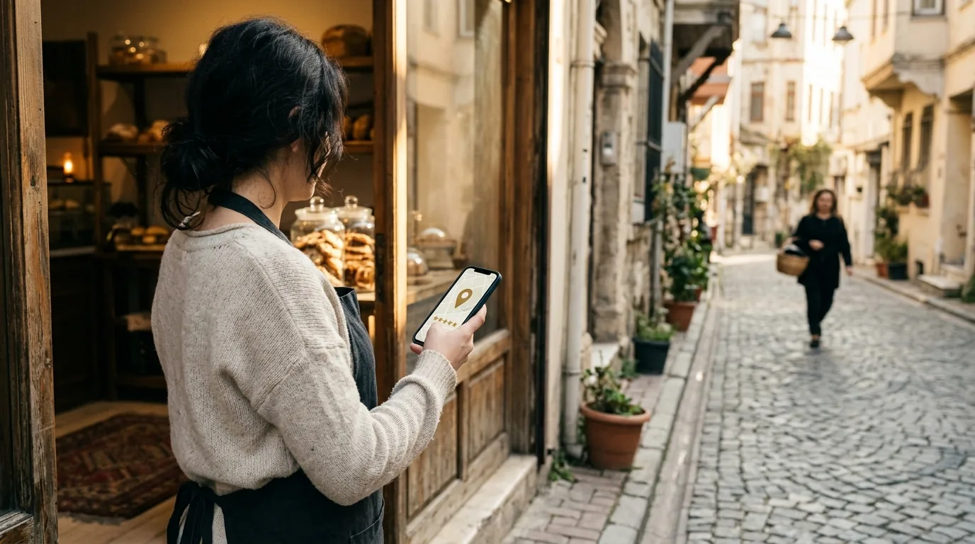 Mahalle fırınının önünde telefonda harita pini ve yıldızlı yorumları gösteren işletme sahibi – yerel SEO